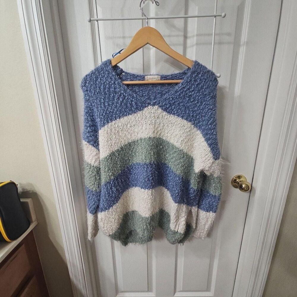 Altar'd State Chunky Knit Cozy Blue Striped V-Neck Sweater